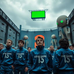 A thrilling scene from a dystopian game show inspired by 'Squid Game', featuring adult contestants in matching blue tracksuits with numbers on their backs