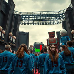 A thrilling scene from a dystopian game show inspired by 'Squid Game', featuring adult contestants in matching blue tracksuits with numbers on their backs