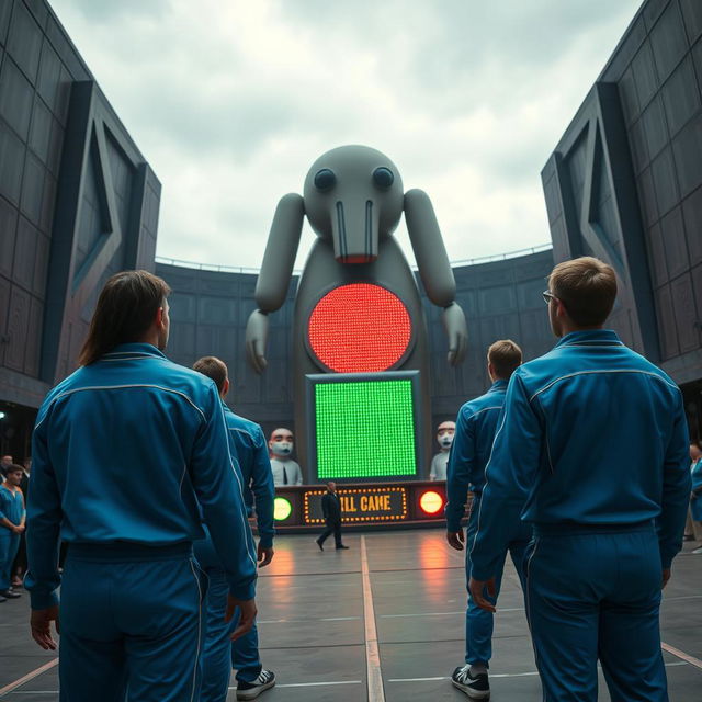 A thrilling scene from a dystopian game show inspired by 'Squid Game', featuring adult contestants in matching blue tracksuits with numbers on their backs