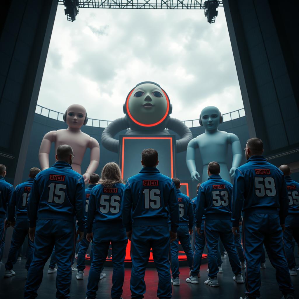 A thrilling scene from a dystopian game show inspired by 'Squid Game', featuring adult contestants in matching blue tracksuits with numbers on their backs