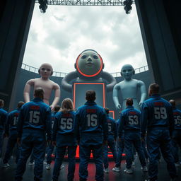 A thrilling scene from a dystopian game show inspired by 'Squid Game', featuring adult contestants in matching blue tracksuits with numbers on their backs