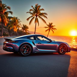 A stunning sports car parked elegantly on a winding coastal road, the sunset casting a golden glow over the scene