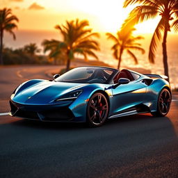A stunning sports car parked elegantly on a winding coastal road, the sunset casting a golden glow over the scene