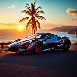 A stunning sports car parked elegantly on a winding coastal road, the sunset casting a golden glow over the scene