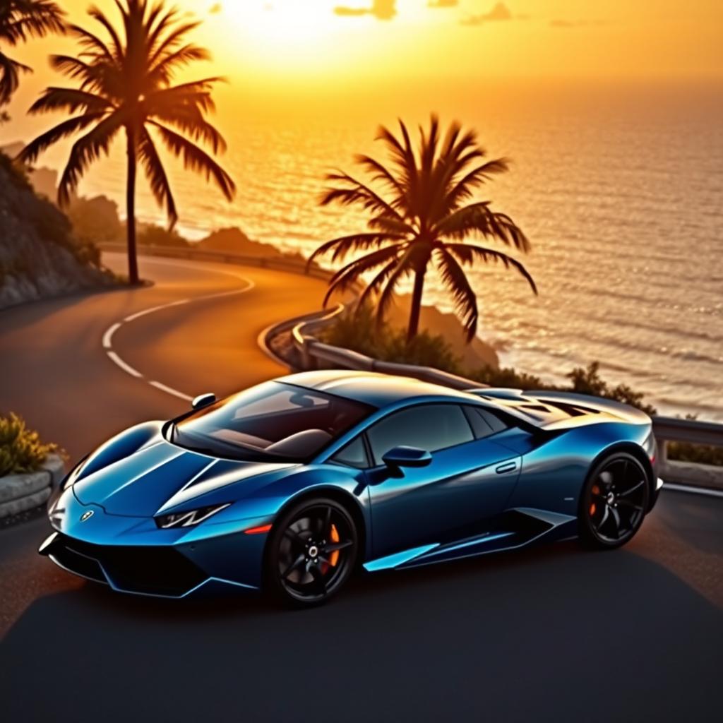 A stunning sports car parked elegantly on a winding coastal road, the sunset casting a golden glow over the scene