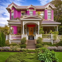 A stately Victorian style house with intricate detailing, a colorful painted exterior, and a lush, manicured garden in front