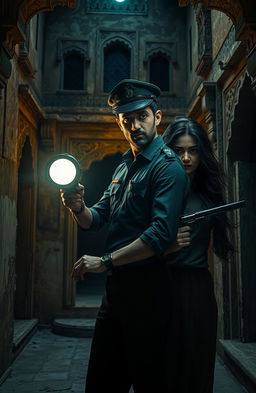 A haunting yet captivating scene featuring a creepy Rajasthani haveli, displaying its intricate architecture with weathered walls and shadowy corners