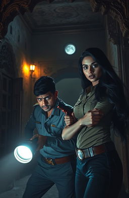 A haunting yet captivating scene featuring a creepy Rajasthani haveli, displaying its intricate architecture with weathered walls and shadowy corners