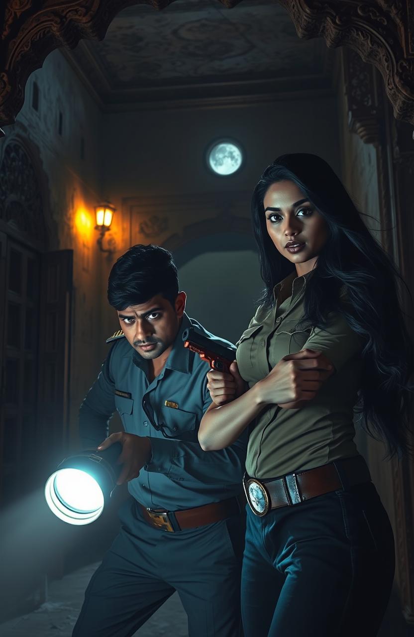 A haunting yet captivating scene featuring a creepy Rajasthani haveli, displaying its intricate architecture with weathered walls and shadowy corners