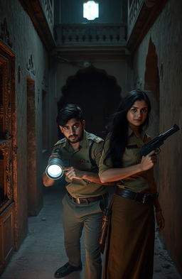 A haunting yet captivating scene featuring a creepy Rajasthani haveli, displaying its intricate architecture with weathered walls and shadowy corners