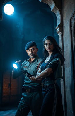 A haunting yet captivating scene featuring a creepy Rajasthani haveli, displaying its intricate architecture with weathered walls and shadowy corners