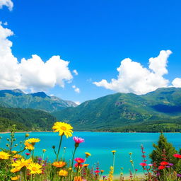 A vibrant and colorful landscape featuring a serene lake surrounded by lush, green mountains under a bright blue sky with fluffy white clouds