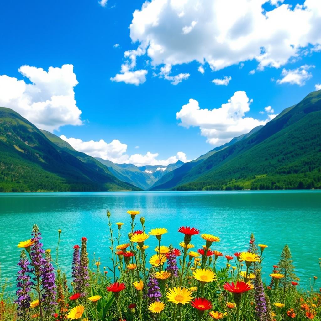 A vibrant and colorful landscape featuring a serene lake surrounded by lush, green mountains under a bright blue sky with fluffy white clouds