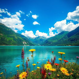 A vibrant and colorful landscape featuring a serene lake surrounded by lush, green mountains under a bright blue sky with fluffy white clouds