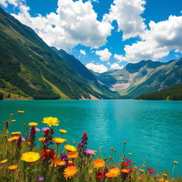 A vibrant and colorful landscape featuring a serene lake surrounded by lush, green mountains under a bright blue sky with fluffy white clouds