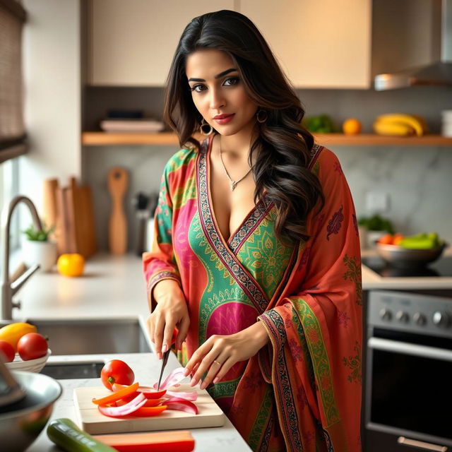 A beautiful South Asian woman in a colorful salwar kameez with a deep cut neckline is cutting vegetables in a modern kitchen