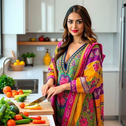 A beautiful South Asian woman in a colorful salwar kameez with a deep cut neckline is cutting vegetables in a modern kitchen