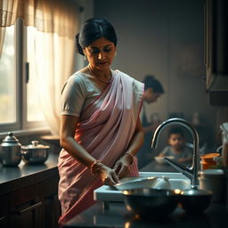 A dramatic and intimate scene depicting a South Asian mother in a light pink saree with a fitted blouse, washing dishes in a stylish kitchen