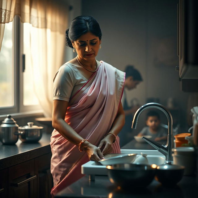 A dramatic and intimate scene depicting a South Asian mother in a light pink saree with a fitted blouse, washing dishes in a stylish kitchen