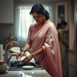 A dramatic and intimate scene depicting a South Asian mother in a light pink saree with a fitted blouse, washing dishes in a stylish kitchen