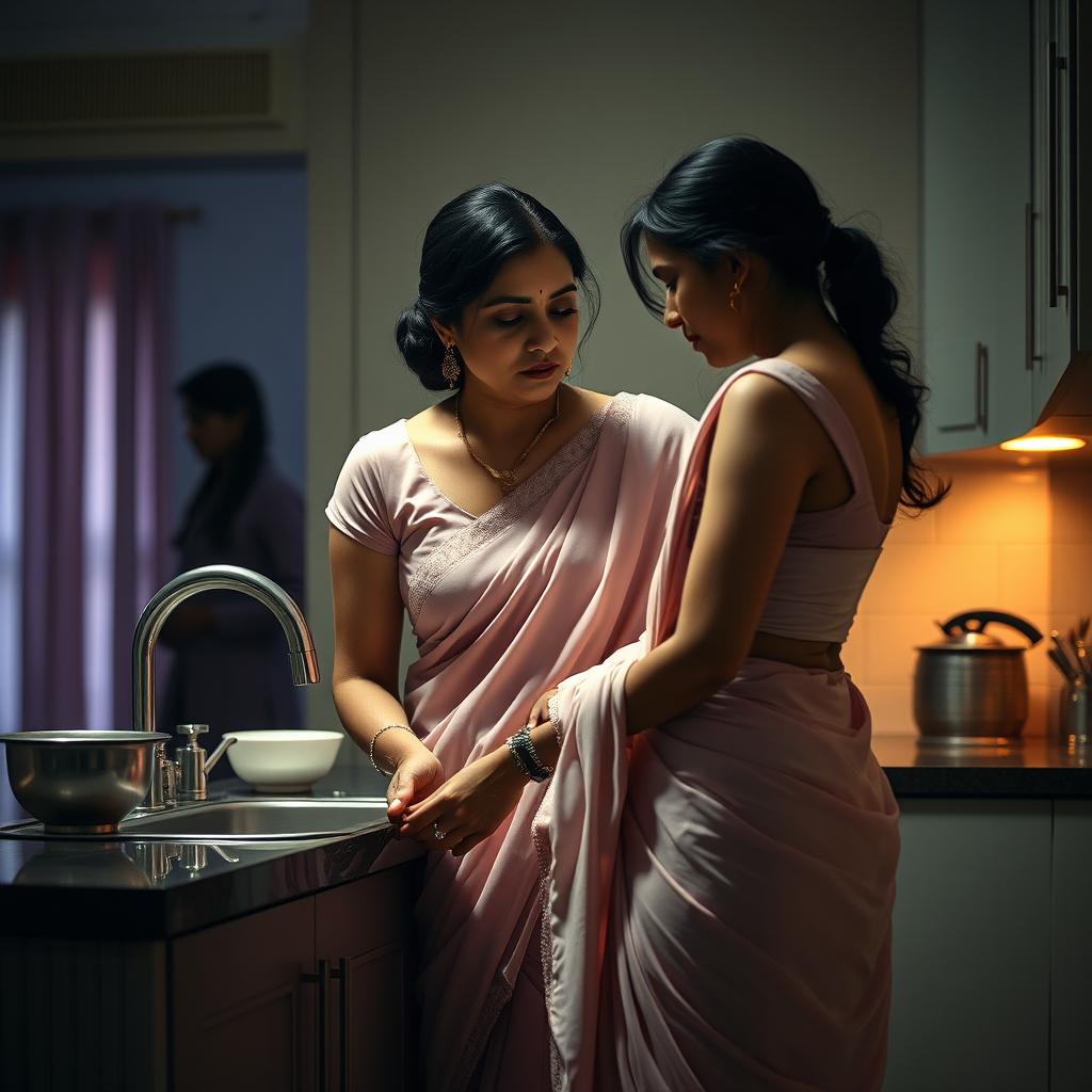 A dramatic and intimate scene depicting a South Asian mother in a light pink saree with a fitted blouse, washing dishes in a stylish kitchen