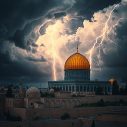 A dramatic and surreal depiction of a storm gathering above the Al-Aqsa Mosque, with dark, swirling clouds contrasting against the golden dome of the mosque