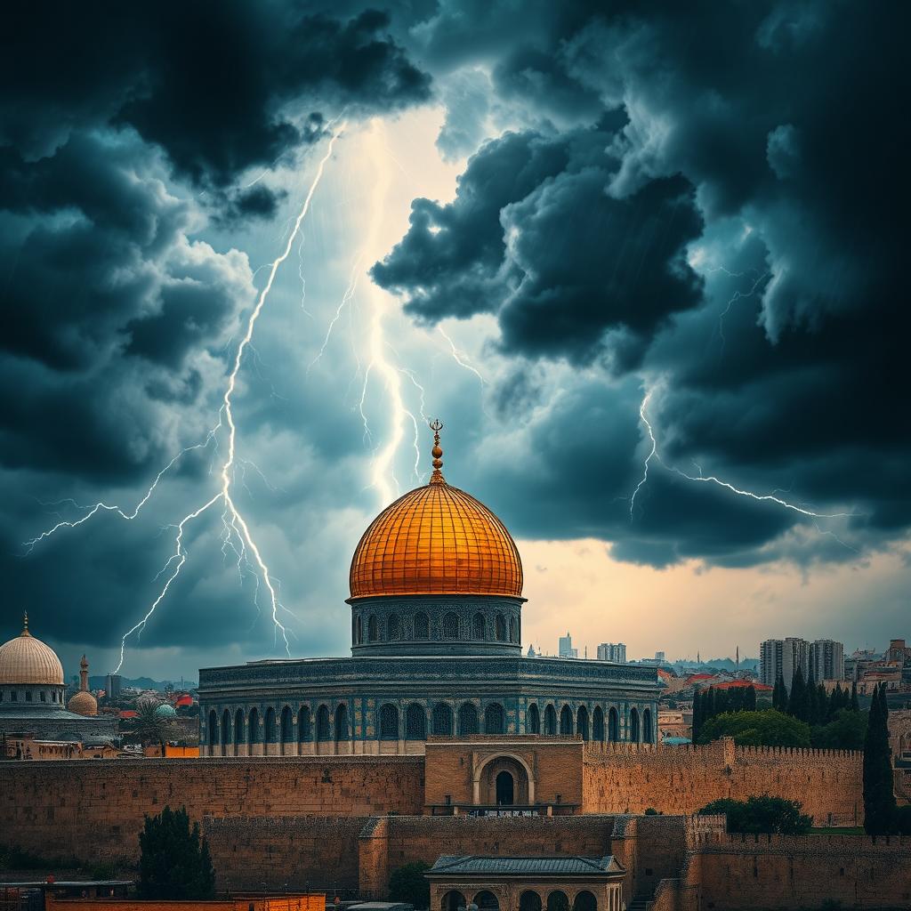 A dramatic and surreal depiction of a storm gathering above the Al-Aqsa Mosque, with dark, swirling clouds contrasting against the golden dome of the mosque