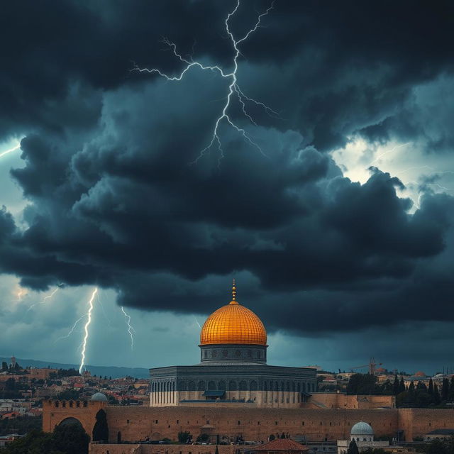 A dramatic and surreal depiction of a storm gathering above the Al-Aqsa Mosque, with dark, swirling clouds contrasting against the golden dome of the mosque