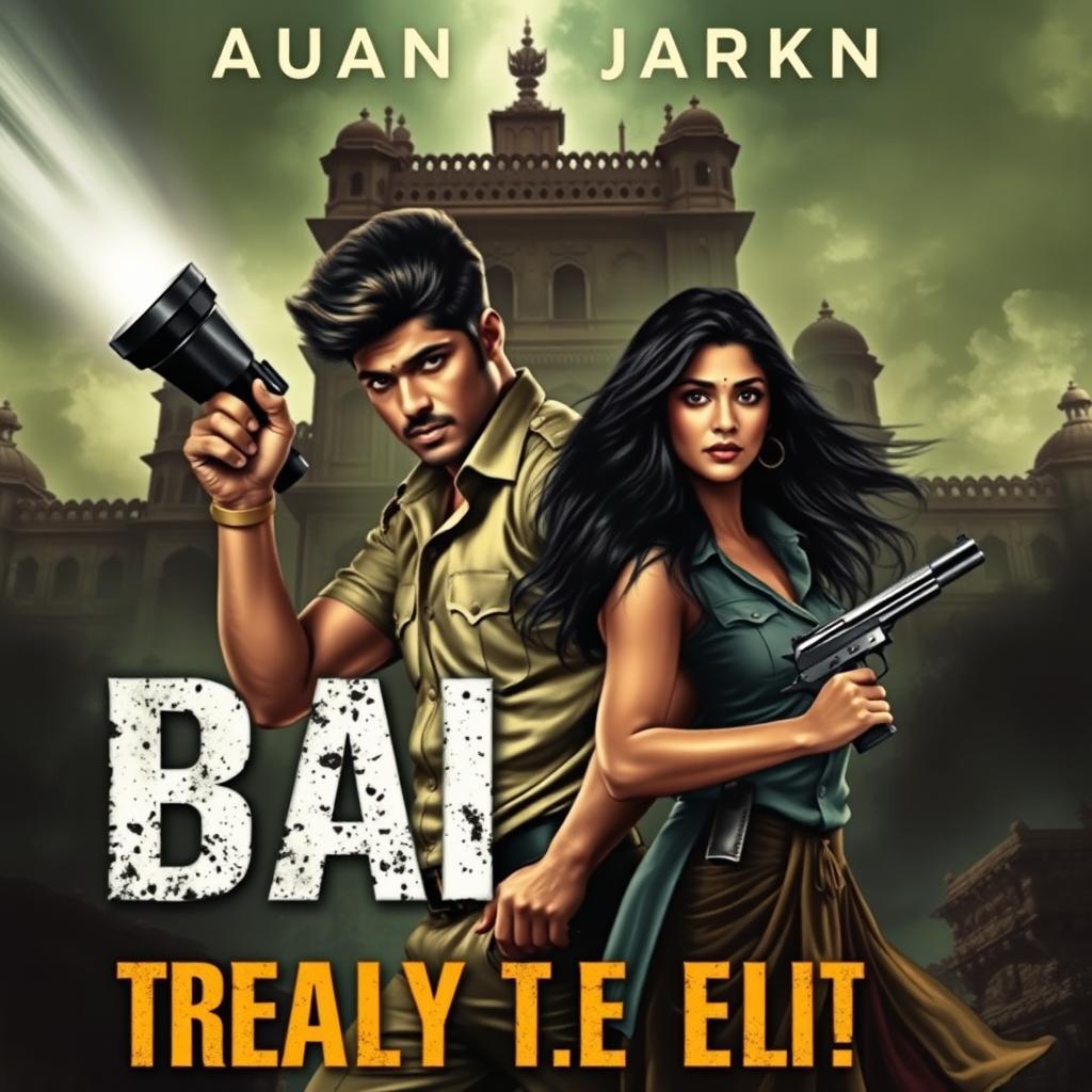 A captivating book cover featuring a creepy Rajasthani haveli looming in the background, characterized by intricate architecture and eerie shadows