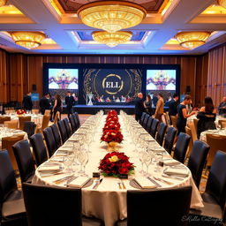 A luxurious corporate grand event taking place in an elegant ballroom, adorned with opulent decorations using a color palette of gold, red maroon, black, and white