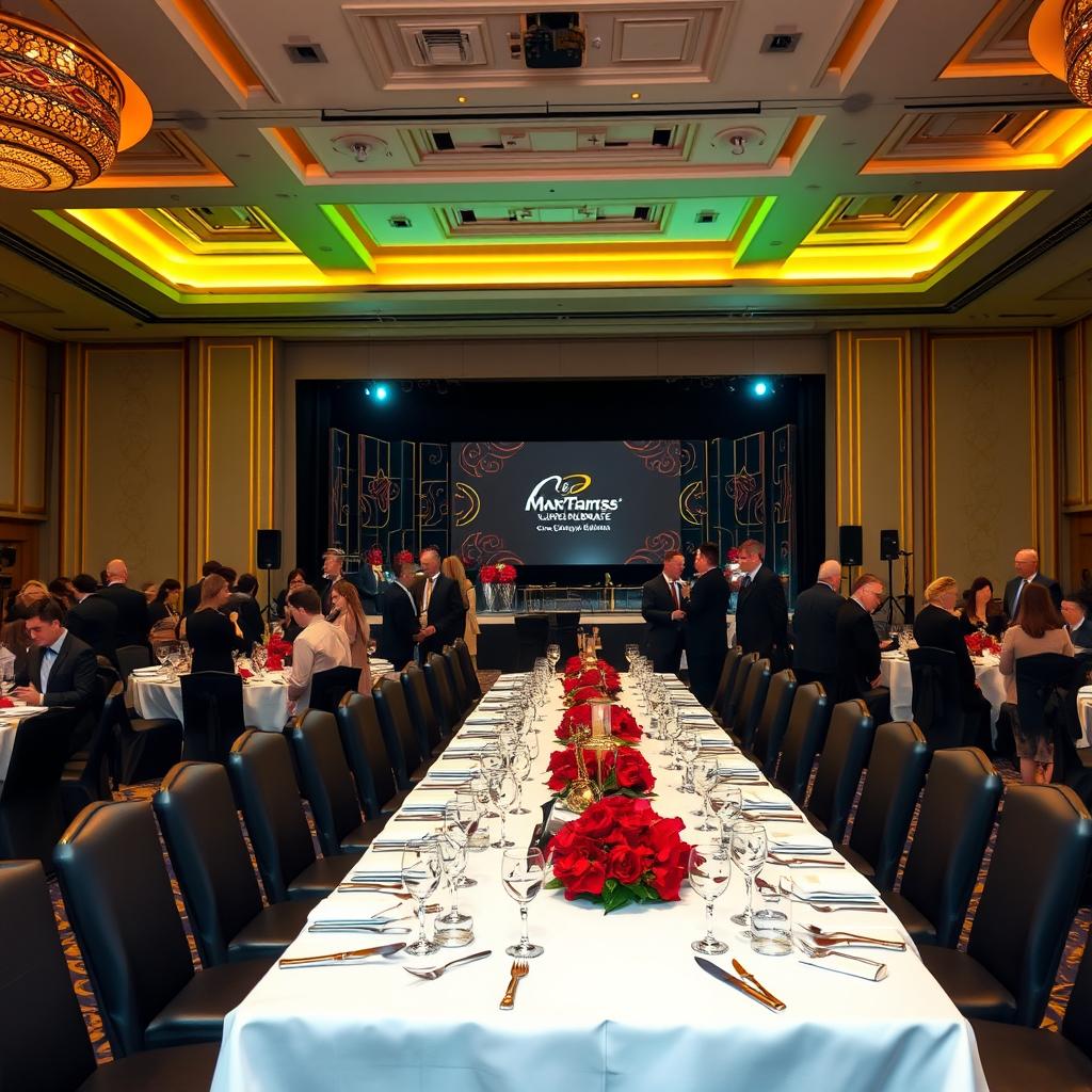 A luxurious corporate grand event taking place in an elegant ballroom, adorned with opulent decorations using a color palette of gold, red maroon, black, and white