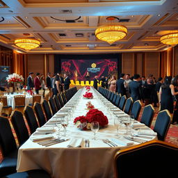 A luxurious corporate grand event taking place in an elegant ballroom, adorned with opulent decorations using a color palette of gold, red maroon, black, and white