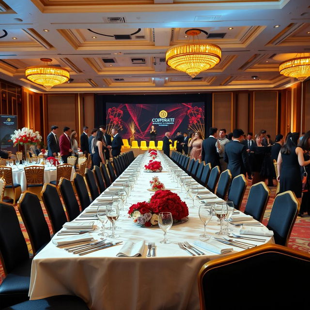 A luxurious corporate grand event taking place in an elegant ballroom, adorned with opulent decorations using a color palette of gold, red maroon, black, and white