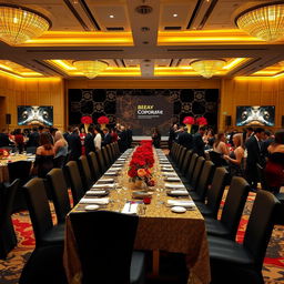 A luxurious corporate grand event taking place in an elegant ballroom, adorned with opulent decorations using a color palette of gold, red maroon, black, and white