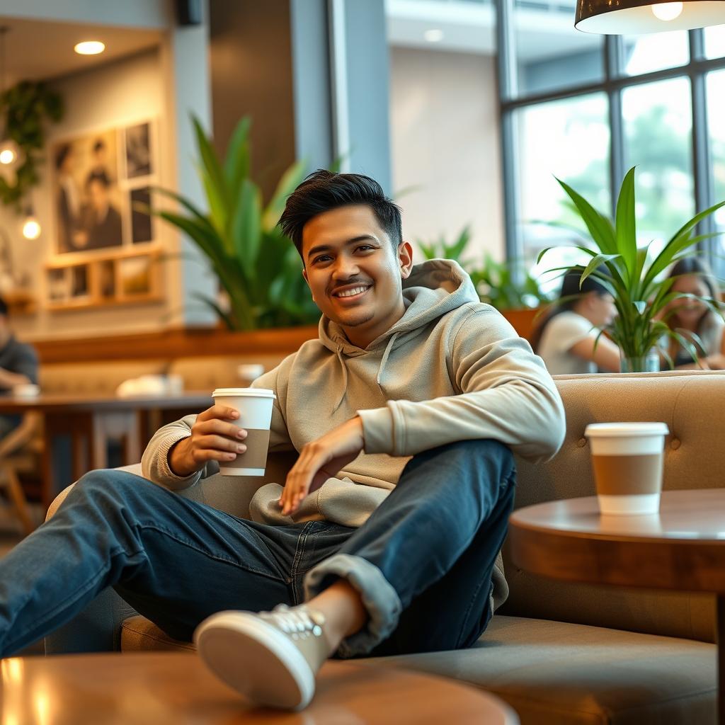 A 28-year-old Indonesian man wearing casual clothes, sitting comfortably on a cafe sofa