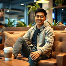 A 28-year-old Indonesian man wearing casual clothes, sitting comfortably on a cafe sofa