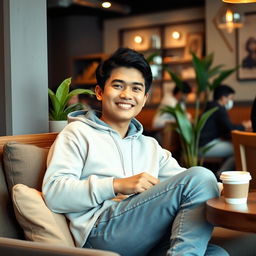 A 28-year-old Indonesian man wearing casual clothes, sitting comfortably on a cafe sofa