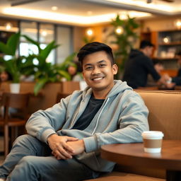 A 28-year-old Indonesian man wearing casual clothes, sitting comfortably on a cafe sofa