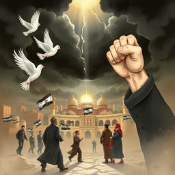 A dramatic illustration depicting the concept of geopolitical conflict with elements representing the Zionist regime and the Al-Aqsa storm war
