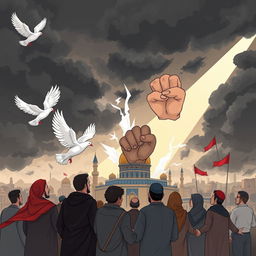 A dramatic illustration depicting the concept of geopolitical conflict with elements representing the Zionist regime and the Al-Aqsa storm war