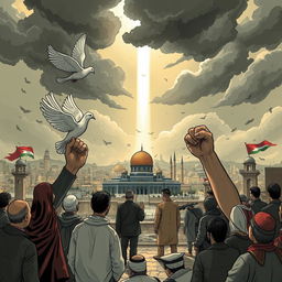 A dramatic illustration depicting the concept of geopolitical conflict with elements representing the Zionist regime and the Al-Aqsa storm war