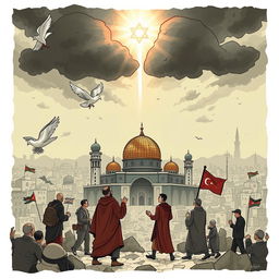 A dramatic illustration depicting the concept of geopolitical conflict with elements representing the Zionist regime and the Al-Aqsa storm war