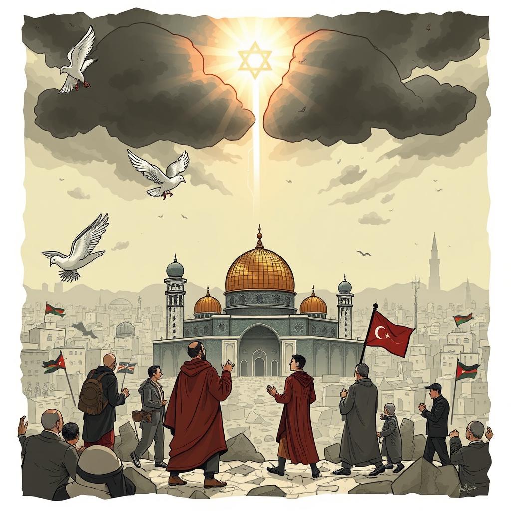 A dramatic illustration depicting the concept of geopolitical conflict with elements representing the Zionist regime and the Al-Aqsa storm war