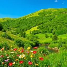 A vibrant landscape scene emphasizing lush greenery, featuring rolling hills covered in dense forests, flowering meadows, and a clear blue sky