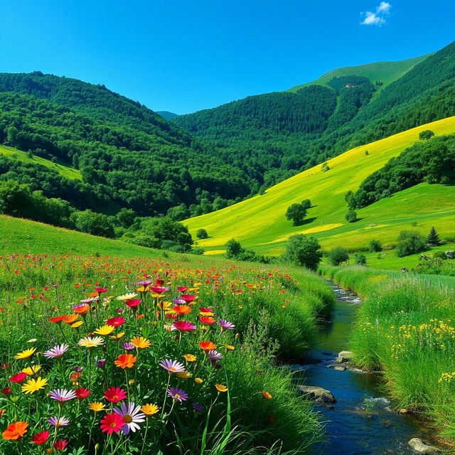 A vibrant landscape scene emphasizing lush greenery, featuring rolling hills covered in dense forests, flowering meadows, and a clear blue sky