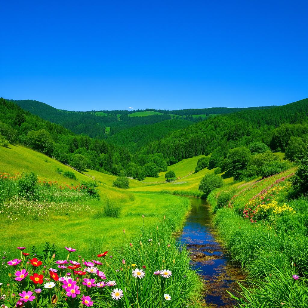 A vibrant landscape scene emphasizing lush greenery, featuring rolling hills covered in dense forests, flowering meadows, and a clear blue sky