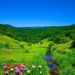 A vibrant landscape scene emphasizing lush greenery, featuring rolling hills covered in dense forests, flowering meadows, and a clear blue sky