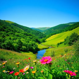 A vibrant landscape scene emphasizing lush greenery, featuring rolling hills covered in dense forests, flowering meadows, and a clear blue sky