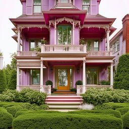 A stately Victorian style house with intricate detailing, a colorful painted exterior, and a lush, manicured garden in front