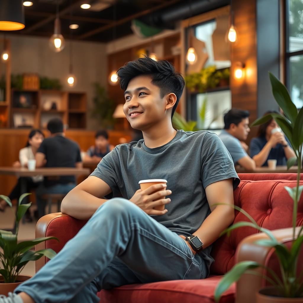 A 28-year-old Indonesian man dressed in casual clothing, comfortably seated on a cafe sofa